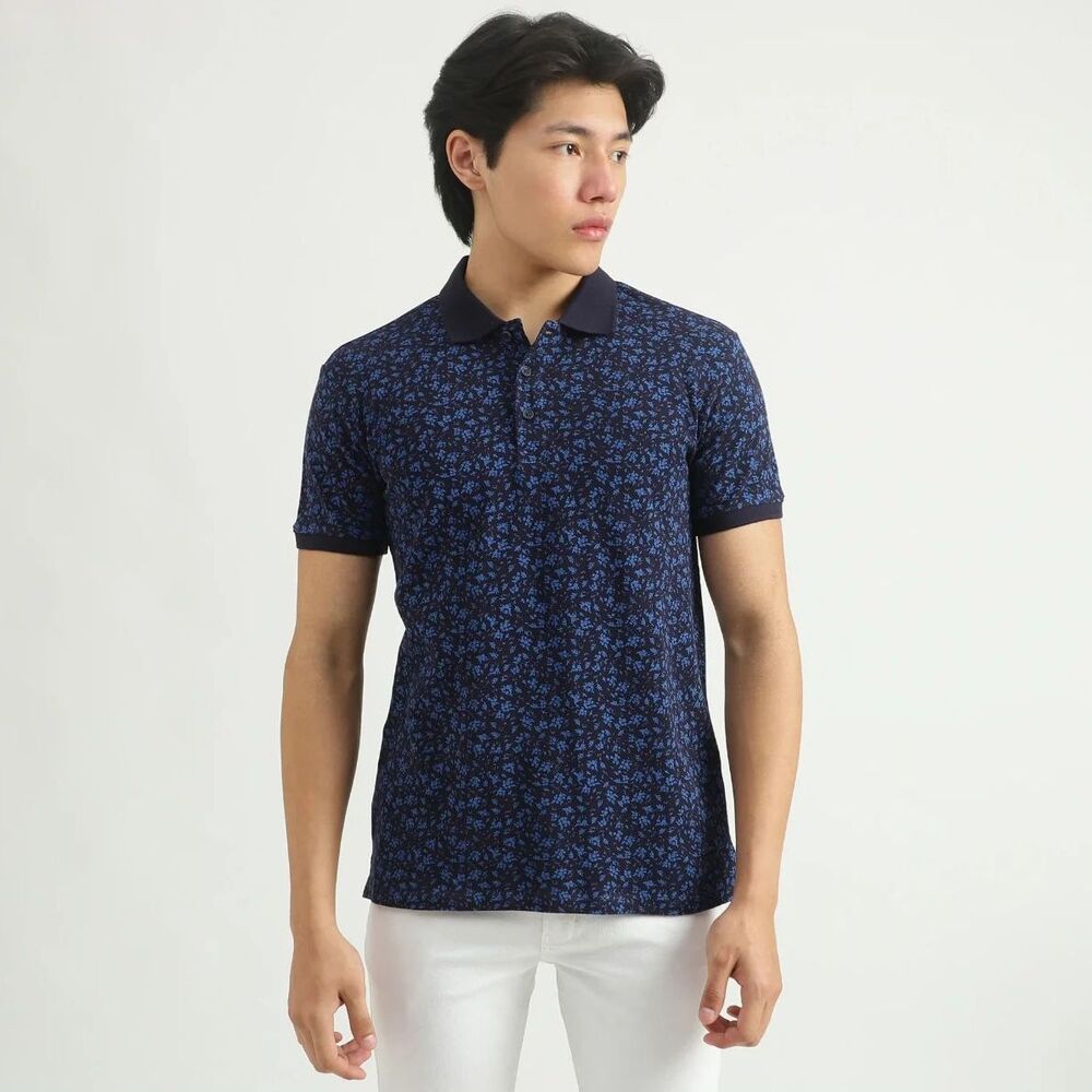 United Colors of Benetton Men’s Polo Shirt Navy Blue Floral Print Size L - Picture 1 of 9